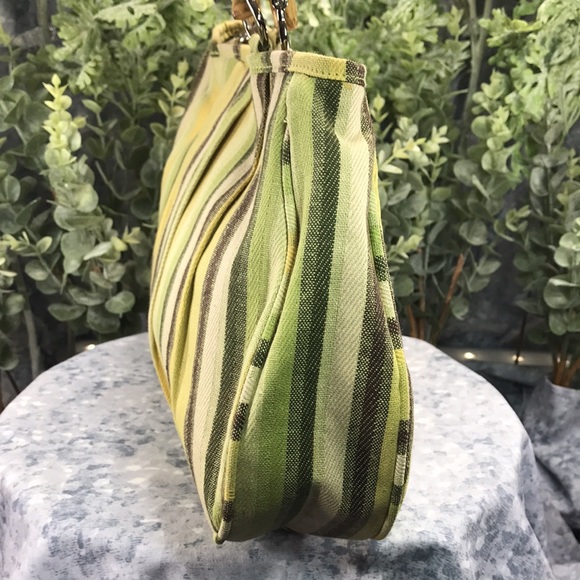 Striped Cotton Summer Handbag with Bamboo Handles. (Green Yellow Tan Brown) ☀️ - Picture 2 of 10